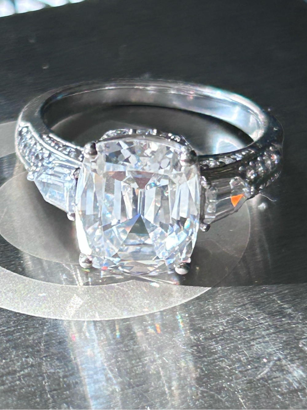 Signed FE 925 Sterling Silver Radiant Cut CZ Cathedral Statement Ring Size 9.25